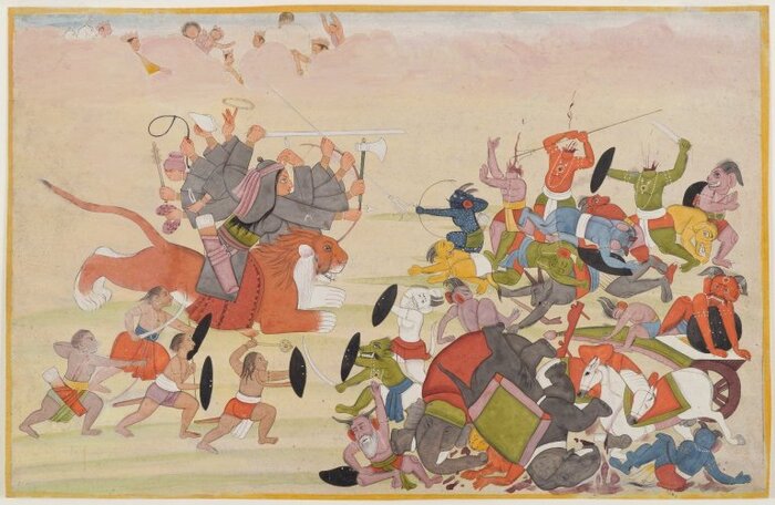 Махадеви сражается с армией асуров (справа), лист из Деви Махатмьи