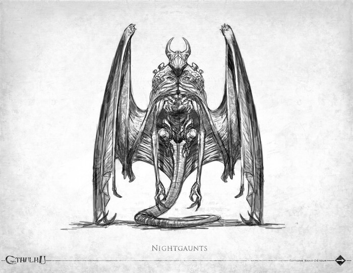 Ночные призраки (Night-gaunt) — чёрные твари с гладкой лоснящейся кожей, изогнутыми внутрь рогами, перепончатыми крыльями нетопырей, уродливыми цепкими лапами и колючими хвостами, которыми они щелкают, точно бичами. «В поисках неведомого Кадата».