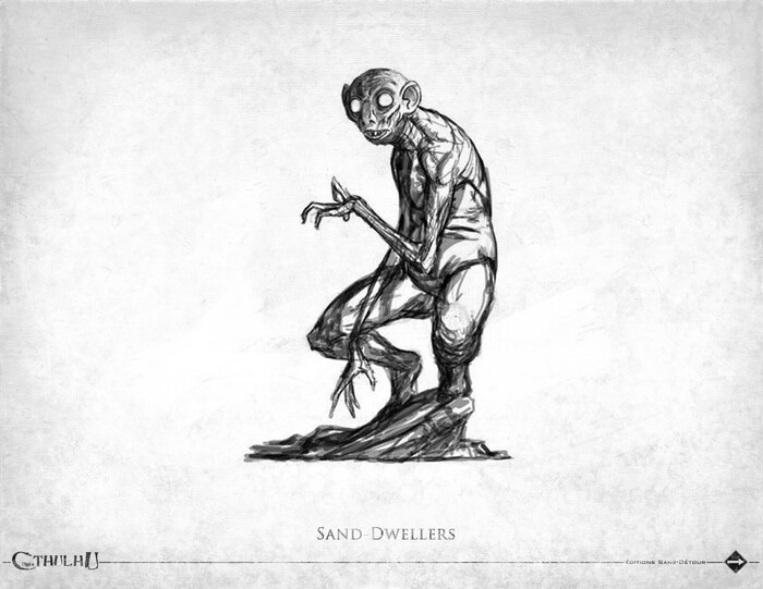 Обитатели песков (Sand-Dwellers) — худое человекообразное существо с лицом лицо напоминающим коалу, с непомерно большими глазами и ушами, на редкость шершавой кожей, будто, в нее въелся пустынный песок. «Окно в мансарде». Автор Август Дерлет.