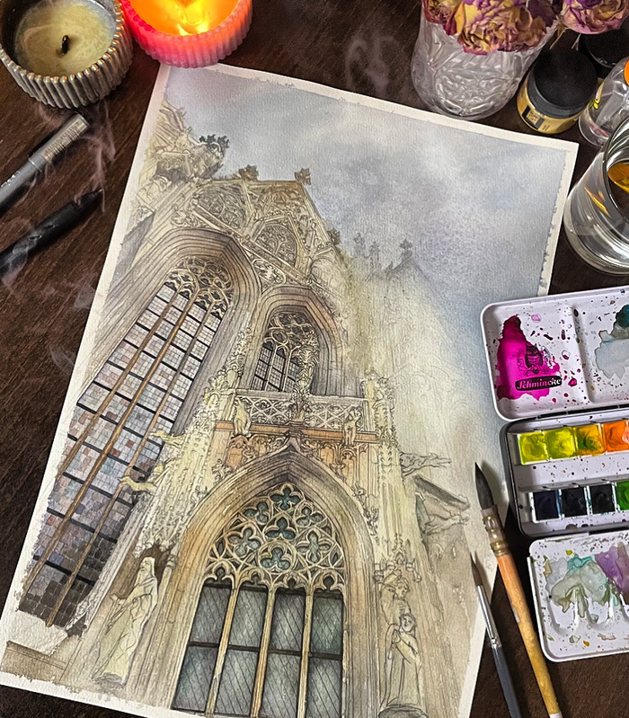 Референс взят из интернета. Материалы акварель, бумага, карандаш. Формат около А3.