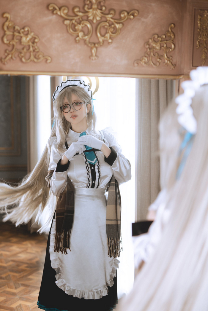Акане Аниме, Blue Archive, Косплей, Murokasa Akane, Горничная, Очки, Длиннопост, Фотография, Девушки