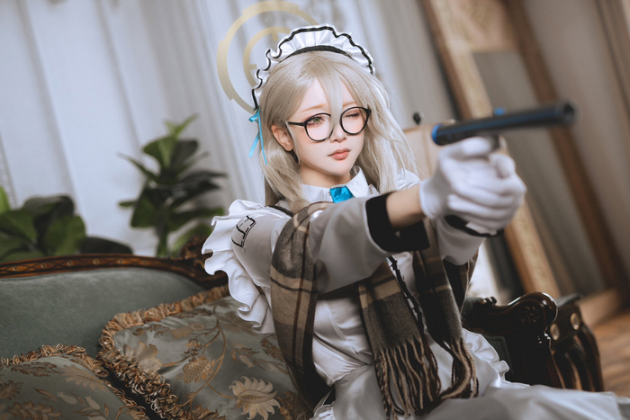 Акане Аниме, Blue Archive, Косплей, Murokasa Akane, Горничная, Очки, Длиннопост, Фотография, Девушки