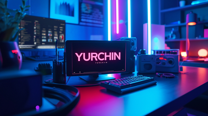 Ad for a new tech gadget, with the product name "YURCHIN" in bold, sleek, letters showcased next to an image of the high-tech device in action --ar 16:9 --v 6.0