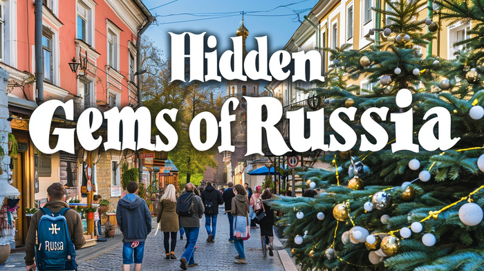 Travel guide book cover for "Hidden Gems of Russia", with the title in crisp text, overlaid on images of quaint European streets and landmarks --style raw --ar 16:9 --v 6.0