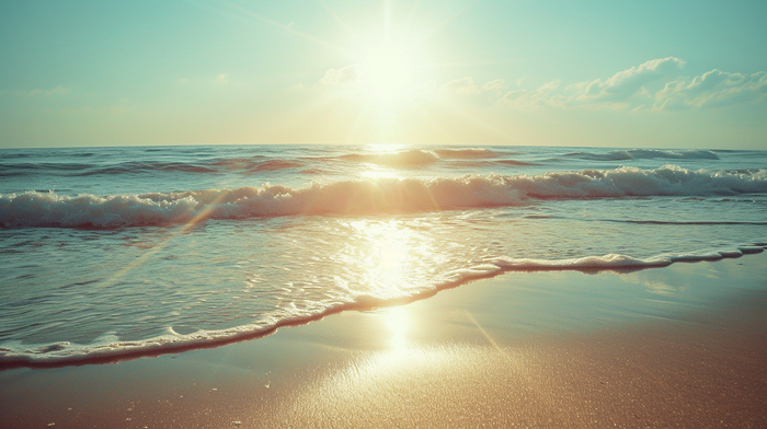 Beach scene captured with a disposable camera effect, highlighting the radiance around the sun and subtle grain of the image --ar 16:9 --style raw --v 6.0