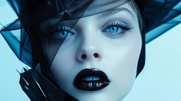 Studio portrait capturing avant-garde fashion, bold monochrome palette, high contrast between model's icy blue gaze and jet-black attire, glossy black lips, geometric accessories --ar 16:9 --v 6.0