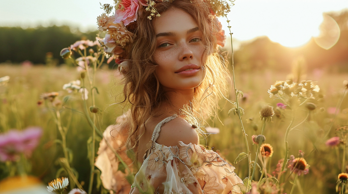 Outdoor shoot highlighting bohemian style, a harmony of earthy tones, model adorned with floral headpiece, layers of textured fabrics, sun-kissed skin, amidst a wildflower field --ar 16:9 --v 6.0