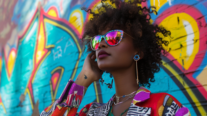 Street fashion photo, vibrant city murals as a backdrop, model in sleek modern wear with neon accents, reflective sunglasses capturing the city's pulse, candid pose --ar 16:9 --v 6.0