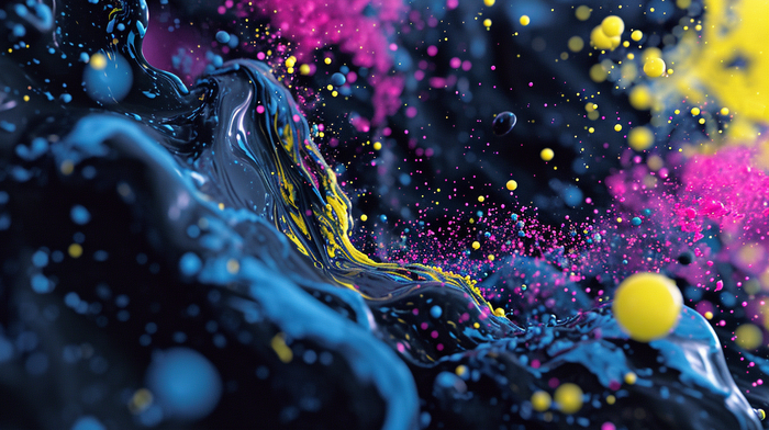 Vibrant explosion of 3D particles, arranged in an elaborate composition, dominated by shades of midnight blue and charcoal, interspersed with bright yellow and magenta, creating an impactful, color-rich minimalist scene --ar 16:9 --v 6.0
