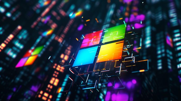 Sci-fi themed portrait featuring a holographic projection of the Microsoft logo bathed in neon lights. Vivid and striking color palette, dynamic angles, illuminated by futuristic lighting. --ar 16:9 --v 6.0