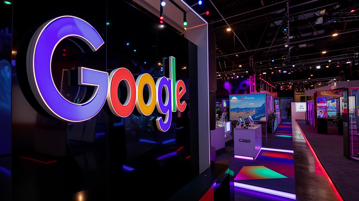 A high-tech exhibition scene showcasing a 3D hologram of the Google logo, surrounded by interactive displays. Electrifying color contrasts, dynamic spatial arrangement, highlighted with LED strip lighting --ar 16:9 --v 6.0