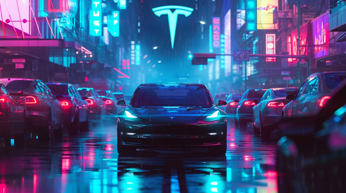 Tesla logo holographically displayed in a futuristic scene, surrounded by sleek cars, all set against a vibrant, neon-lit cityscape --ar 16:9 --v 6.0