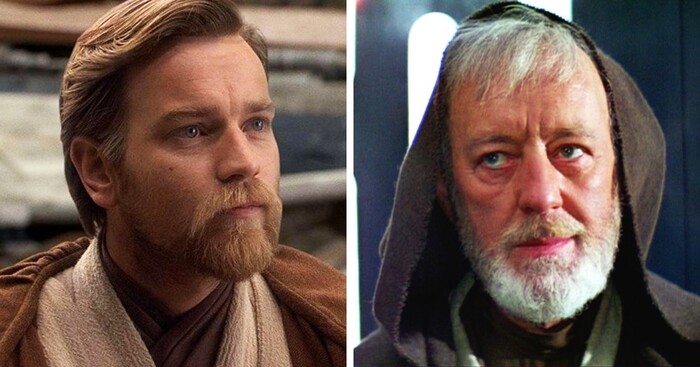 Юэн Макгрегор( молодая версия Оби Вана)и Алек Гиннес ( пожилой Оби Ван)