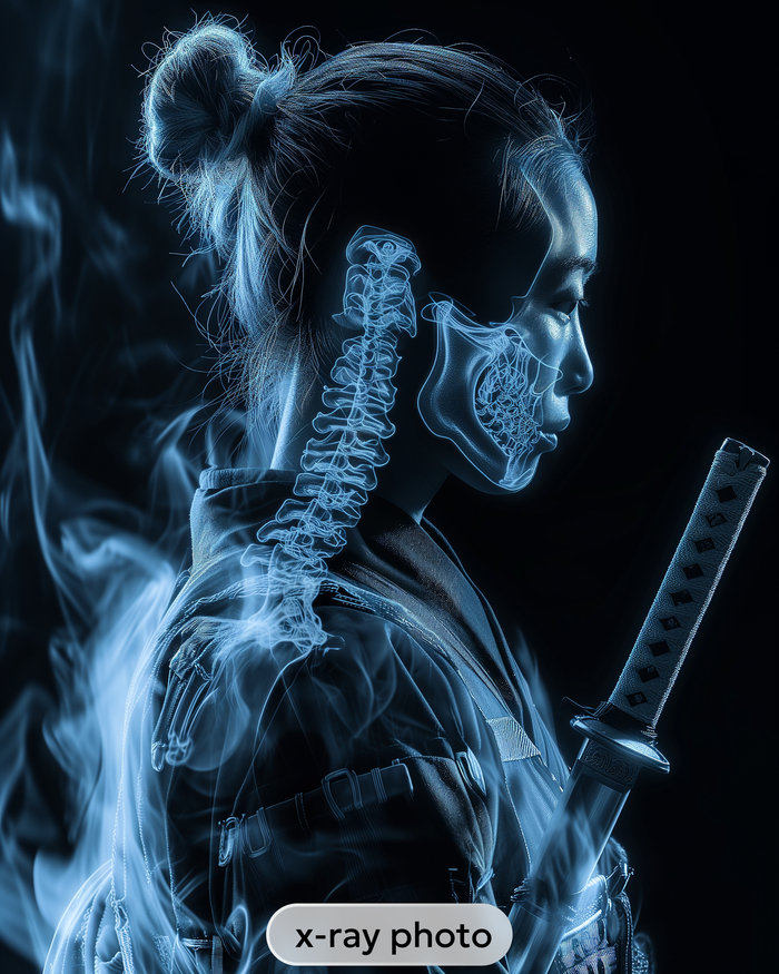 промпт: portrait of a modern samurai woman, x-ray effect, chiaroscuro lighting --ar 4:5 --style raw --v 6.0