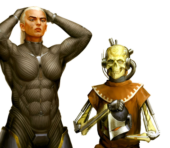 Сестра одного из воинствующих орденов Adepta Sororitas облачается в доспехи, иллюстратор Elijah ArhPriest