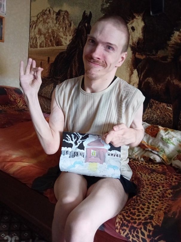 Антон ДЦП. Рисует ногой.Реабилитация.Увидел в инете Валерия Параспортсмена, МОТИВИРОВАЛСЯ его видео тренировок, и начал развиватся