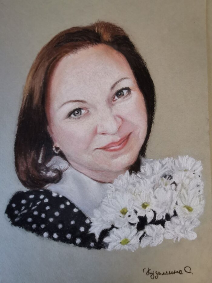 Моя подруга с хризантемами. Пастельные мелки