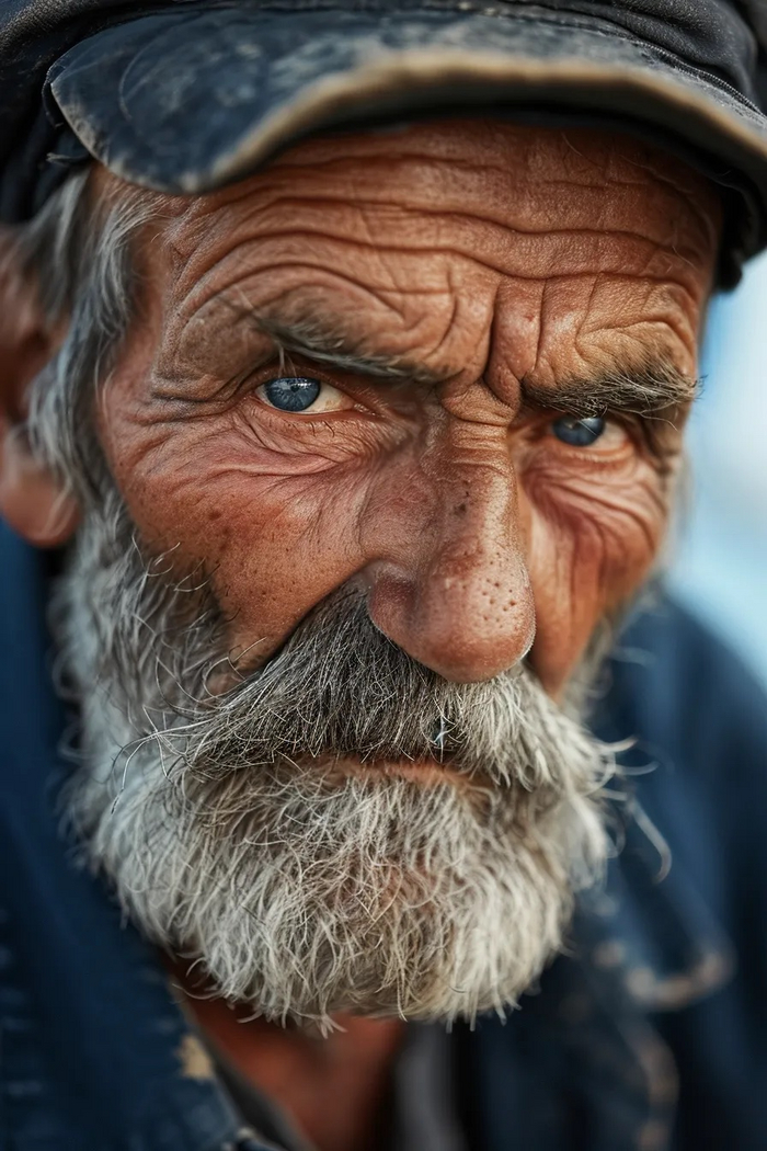 Close up of an old sailor with weathered skin and whiskers — ar 2:3 — style raw — v 6.0 / Крупный план старого моряка с обветренной кожей и усами - ar 2:3 - style raw - v 6.0