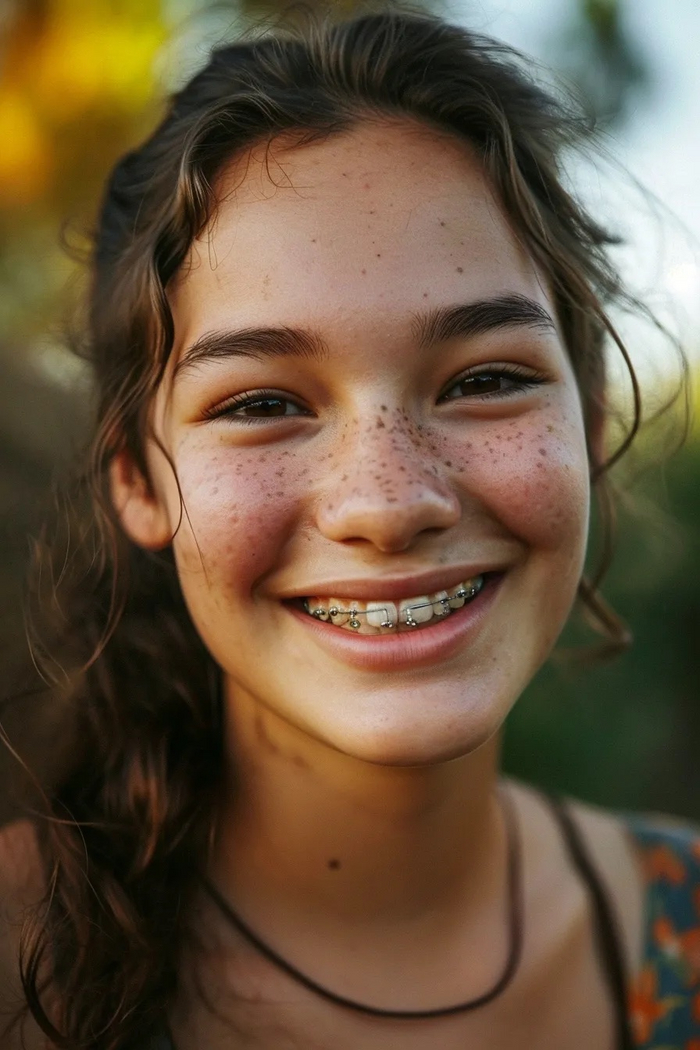 Teenager with braces and acne smiling awkwardly — ar 2:3 — style raw — v 6.0 / Подросток с брекетами и прыщами, неловко улыбающийся - ar 2:3 - style raw - v 6.0
