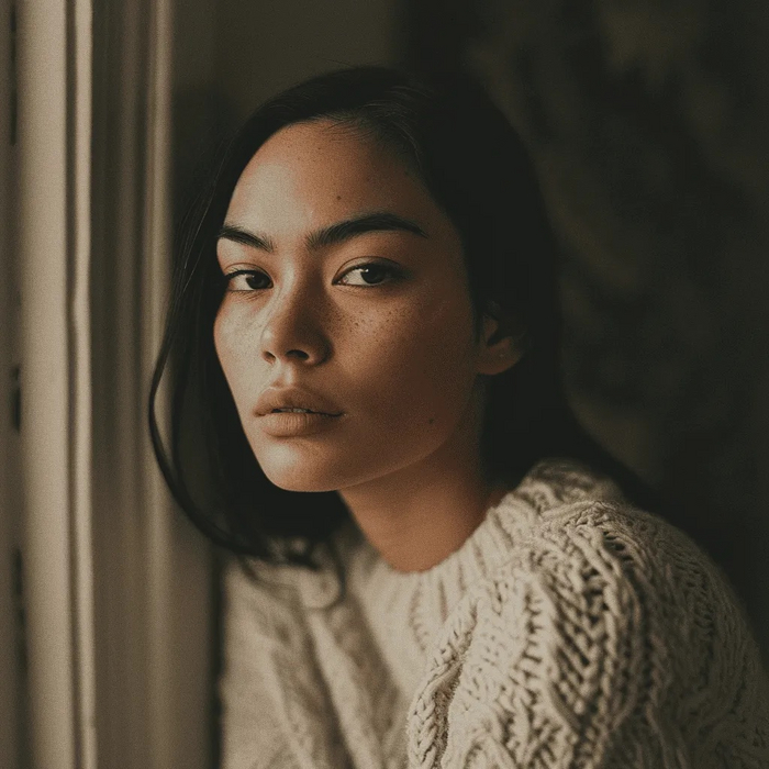 [Subject + Clothing] in the style of mamiya rb67, shiges visual aesthetic style, dark brown and light beige, tumblewave, oshare kei, brooding mood / [ + ]   mamiya rb67,    , -  -..