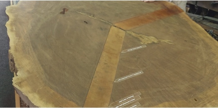 Первая отметка ближе к центру это размер дерева, когда первые маори прибыли в НЗ, и далее некоторые значимые событи