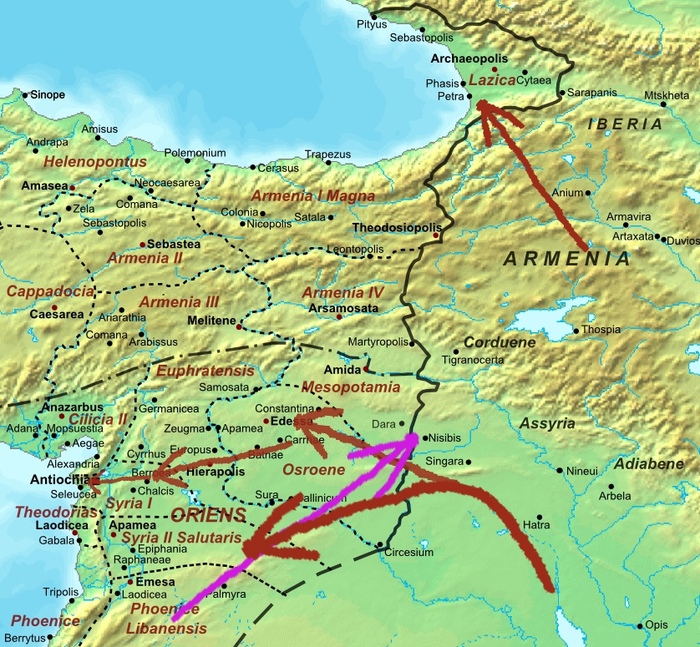 Восточные походы: Хосрова на Лазику, Антиохию, затем Велисария в Нисибин, и вновь Хосрова в Римскую Сирию