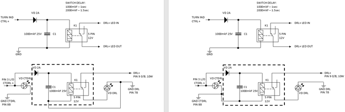 Слева схема подключения к массе ДХО, справа к массе поворотника и она же масса фар дальнего