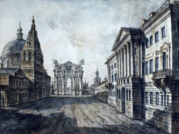 Старая Триумфальная арка на Страстной площади (справа - здание, где в будущем разместится Елисеевский магазин)