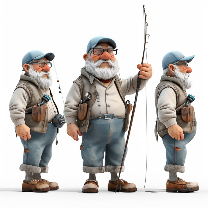 fisherman character, multiple poses and expression, 100% white background, simple, 3d model, fishing rode, blue cap --v 6