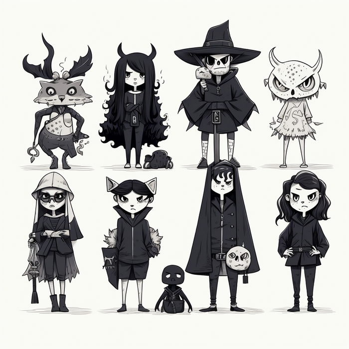  characters of witchcraft, the occult, and supernatural, cartoon network style drawing, side by side, full body , black and white, traceable