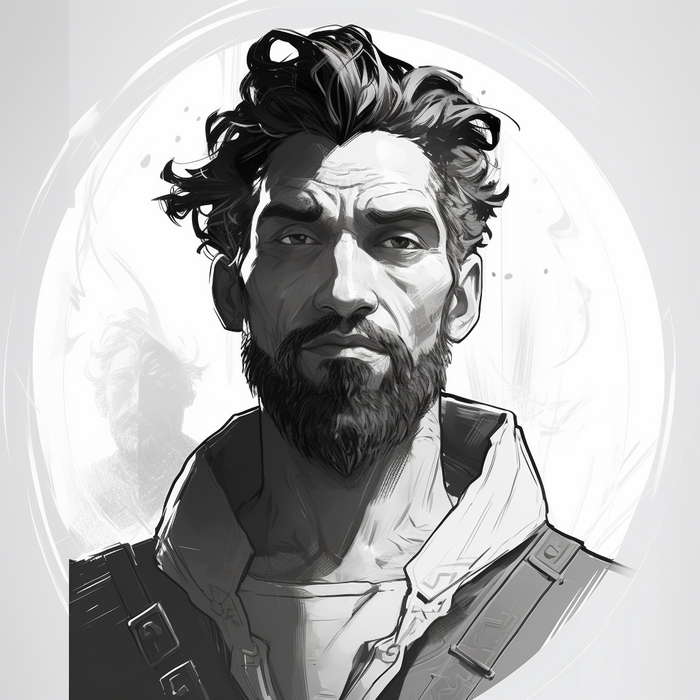 character, portrait, logo, black and white, father , en anglais, en 5 mots max, donne moi un personnage de h&#xE9;roic fantasy (classe, race, etc...) , ne me parles pas donne juste la r&#xE9;ponse en une phrase, r&#xE9;ponds en anglais , vector, simple lines