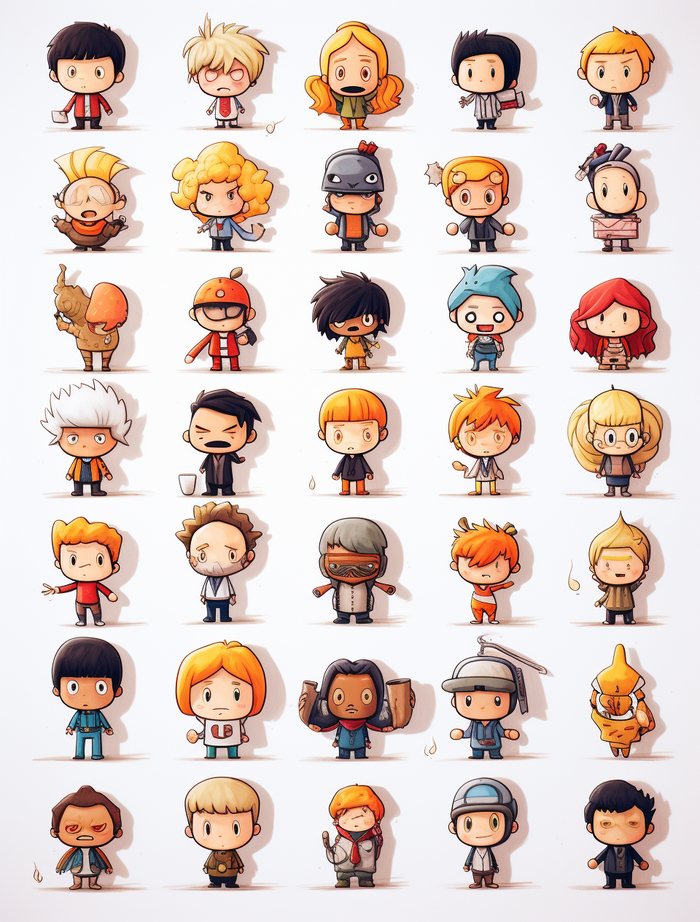various cartoon characters from various animes, in the style of studyblr, light beige and orange, studio light, iso 200, shodo, supernatural realism, miniaturecore --ar 49:64