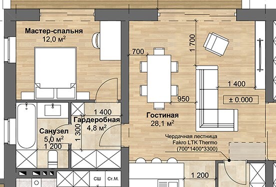 Пример мастер-спальни с отдельным санузлом.