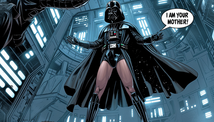 wearing short skirt and black socks, Female Darth Vader stands in a epic pose in the space station while yelling "I AM YOUR MOTHER!" written in a speech bubble, 1980s --style raw --v 6.0 --ar 7:4