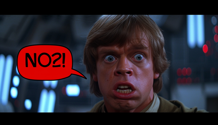 1980s, Luke Skywalker is very scared in the space station while yelling "NO!!!" written in a speech bubble. Sony A7 cinematic photography. --ar 7:4 --style raw --v 6.0