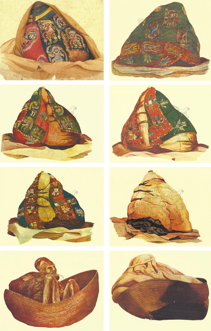 Акварельные рисунки найденных погребальных тюков с мумиями внутри: есть и дорого-богато расшитые цветные кучи, есть и простые. Вон, один парень вообще сидит в корзинке без покрывал / Julio C. Tello, "Paracas. Primera parte", 2005
