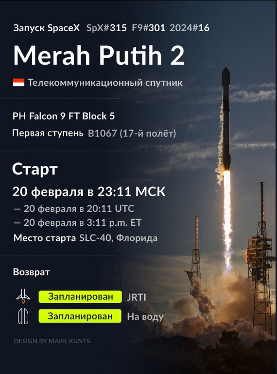 Запуск миссии Merah Putih 2 Запуск ракеты, Космонавтика, SpaceX, Спутники, Видео, YouTube, Telegram (ссылка)