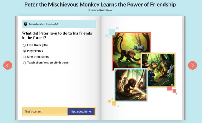 Тест на понимание прочитанного, созданный Storywizard. Фото предоставлено <!--noindex--><a href="https://pikabu.ru/story/prilozhenie_edtech_prevrashchaet_rasskazyivanie_istoriy_v_zhiznenno_vazhnyiy_instrument_obucheniya_11159335?u=http%3A%2F%2FStorywizard.ai&t=Storywizard.ai&h=4b51a7eb22927c189c69e07bddad984a39db25f1" title="http://Storywizard.ai" target="_blank" rel="nofollow noopener">Storywizard.ai</a><!--/noindex-->