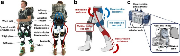 На этом изображении видны компоненты экзокостюма и некоторые устройства для аппаратного облегчения ходьбы. А: Красные и синие линии — прокладки тросов Боудена. Толстыми линиями обозначены оболочки, а тонкие показывают ход самих тросов. Зелёные и жёлтые кру