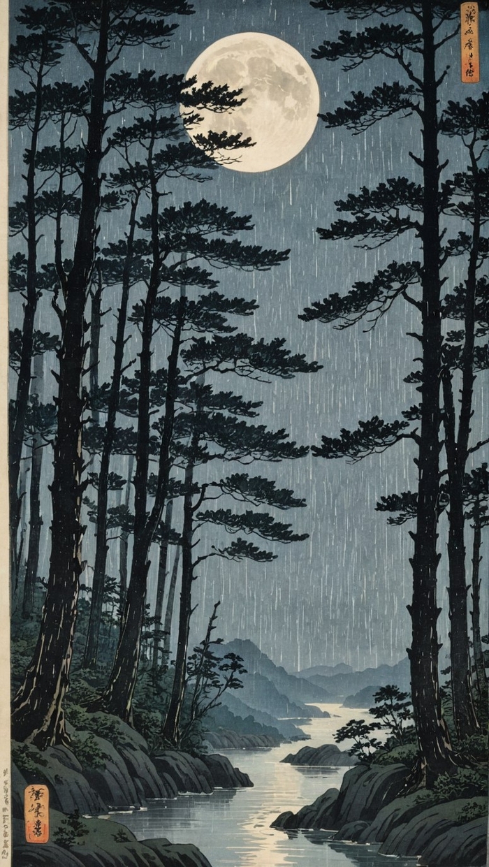 Лес во время дождя Арты нейросетей, Япония, Лес, Дождь, Река, Луна, Пейзаж, Красивый вид, Текст, Бусидо, Мысли