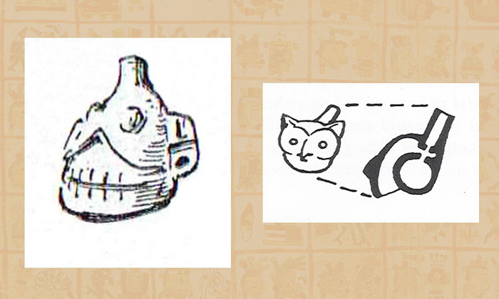 Слева: свисток в виде черепа с Мексиканского нагорья (1962); Справа: рисунок продольного разреза свистка в виде совы из Веракруса (1971) / Jose Luís Franco, mexicolore