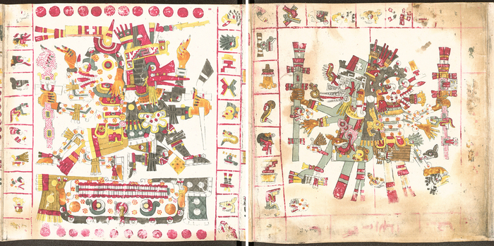 Два примера изображения двойственности жизни и смерти: взаимодополняющие начала, Миктлантекутли и Эекатль-Кетцалькоатль, спина к спине / Кодекс Борджиа