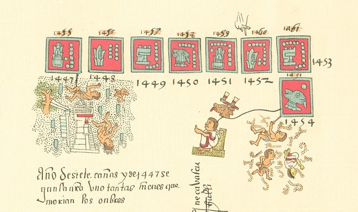 Справа изображен страшный голод 1454 года / Кодекс Теллериано-Ременсис