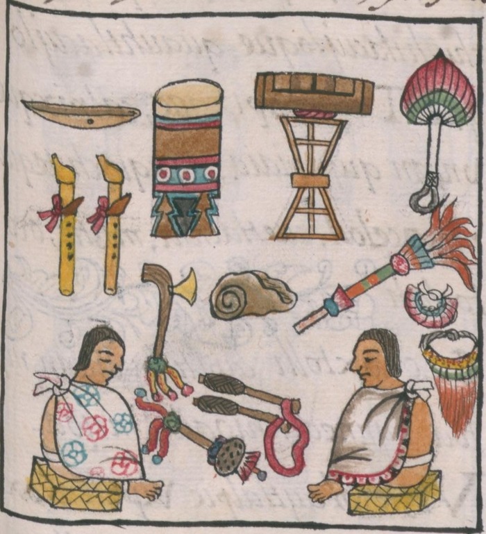 Выставка-ярмарка ацтекских музыкальных инструментов: среди них можно разглядеть и один из типов свистулек — левый верхний угол / Флорентийский кодекс