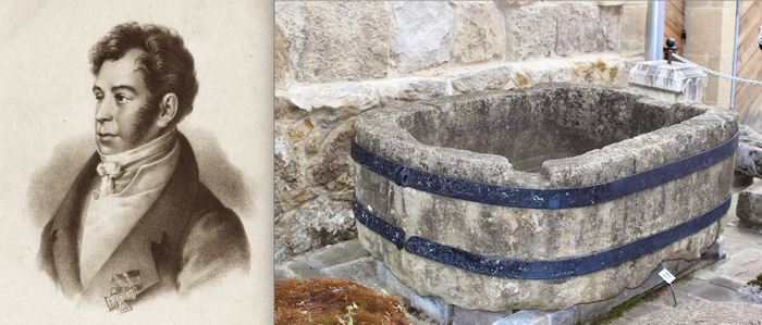 Николай Иванович Гне́дич (1784–1833) и одна из старинных каменных ванн, в которых он «мыл спинку» (то есть принимал целебные минеральные ванны)
