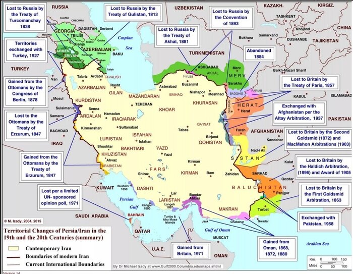 При Каджарах Иран принял свои современные границы после потери многих земель в пользу России, Британской Индии и Афганистана