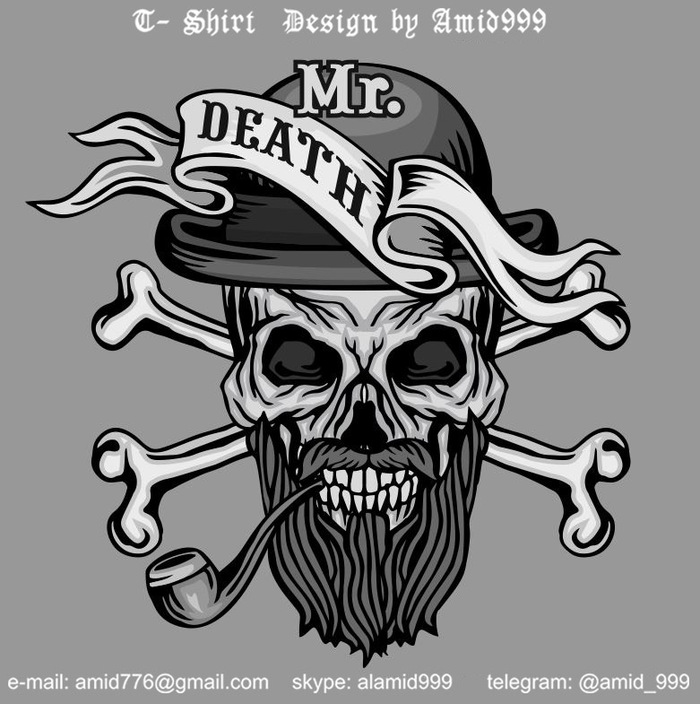 Mr. Death Череп, Готика, Скелет, Демон, Шляпа, Борода, Арт, Рисунок для футболки