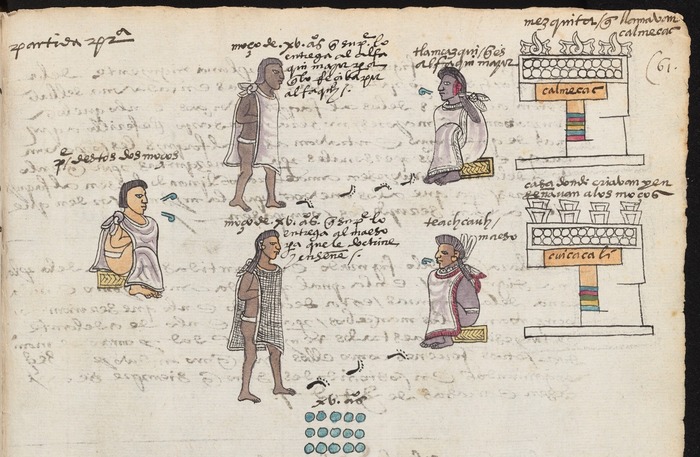Кодекс Мендоса говорит, что в 15 лет отец отправляет сына либо в кальмекак под крыло жреца, либо в куикакáлли — Дом Песен, где обучали песням, танцам и игре на инструментах / © Bodleian Libraries, University of Oxford, CC-BY-NC 4.0