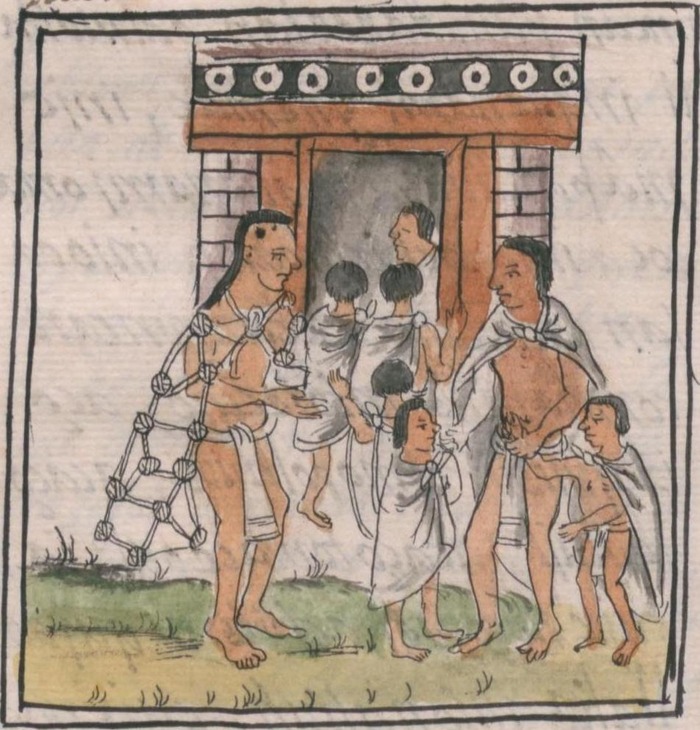Детишек отдают в тельпочкалли. Слева — странный тип с накидкой из каркаса / Флорентийский кодекс