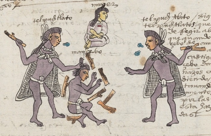 Кодекс Мендоса - альманах ацтекских наказаний. Здесь учитель бьёт своего ученика головёшкой по головёшке за то, что тот ушёл из школы, чтобы жить с женщиной (или куртизанкой). Бить могли и учителей / © Bodleian Libraries, University of Oxford, CC-BY-NC 4.0